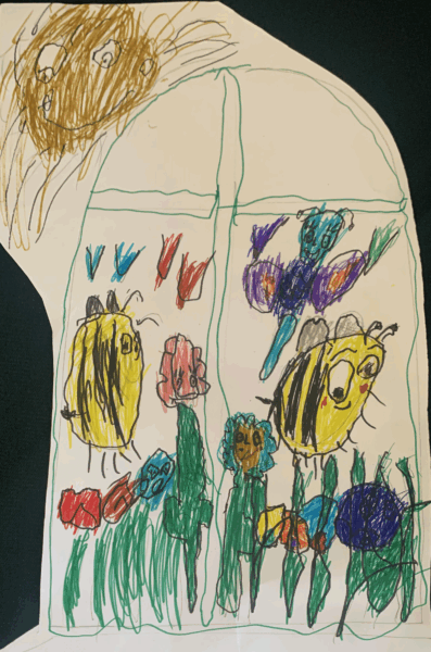 Drawing of bees in flowers outside