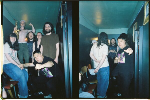 Two film photographs side by side - on the left, a group of white people pose for the camera as a group. On the right, the group is turned away and talking. The photos are very blue and have a soft focus.