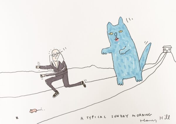 Harry Hill's drawing, showing a cartoon version of himself being chased by a large blue cat. Text at the bottom of the image reads 'A typical Sunday morning'.