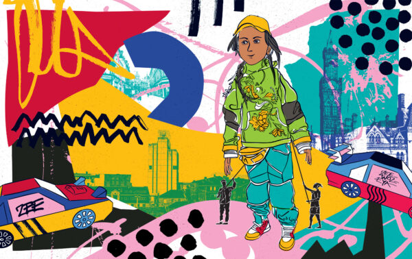 A colourful collage. An illustration showing the character Zee, a large puppet of a young woman.