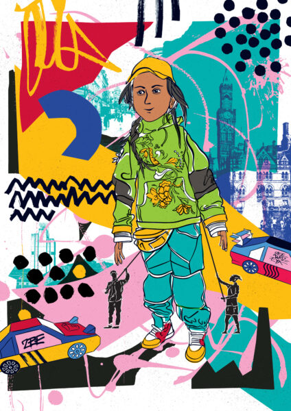 A colourful collage. An illustration showing the character Zee, a large puppet of a young woman.