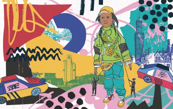 Colourful illustration of Zee and the City. Girl wearing a skater outfit, who is among a colourful abstract cityscape.