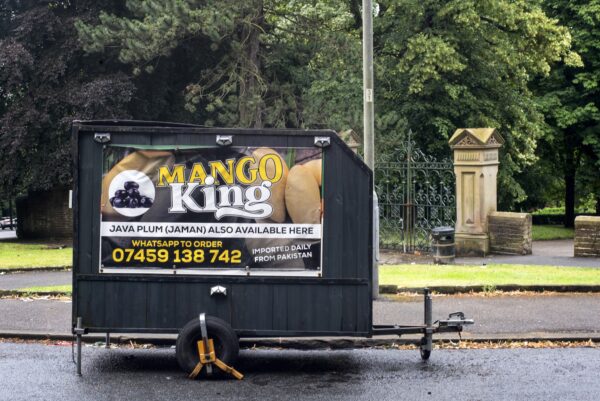 Advertising Pakisani mangos for sale by the gates to Lister Park in Manningham . Photo by Tim Smith.