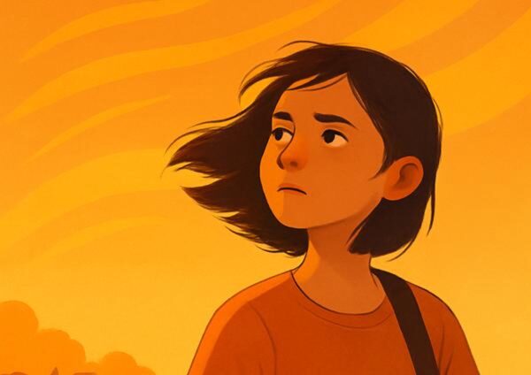 Cartoon young girl looking to the side with her hair blowing in the wind.
