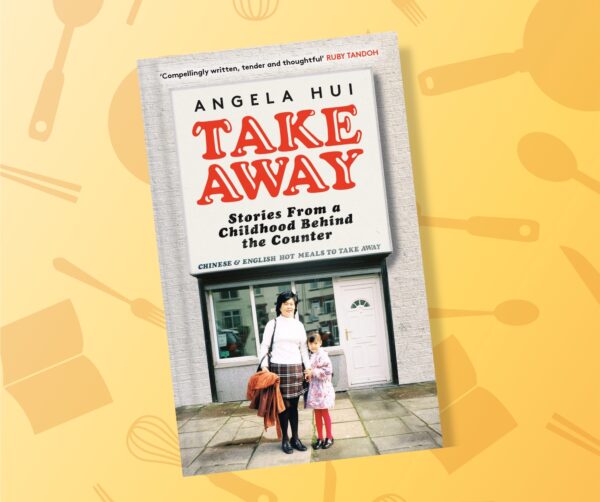 The front cover of a book titled, 'TAKEAWAY', with a mum and her young daughter stood infront of a shop as the front image