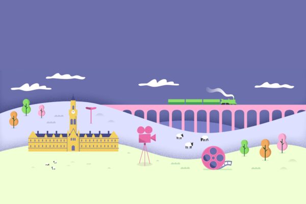 Graphic with a purple skyline, city hall, camera and film icons, sheep and a large viaduct in the background