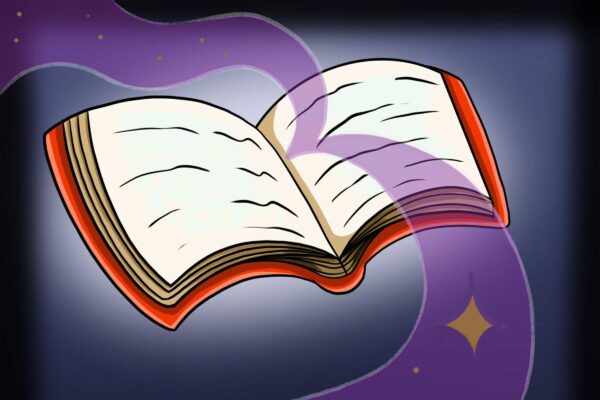 An illustration of an open story book with a purple cloud coming out of it