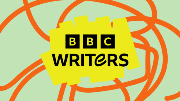 BBC Writers logo - green background, orange pattern, yellow textured background with black text: BBC Writers