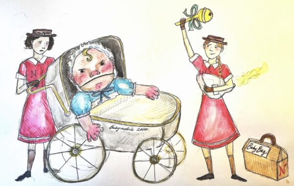 A drawing of cartoons, a large baby in a large pram around two women