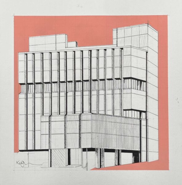 A pencil drawing in black and white, with a pinky orange background. The drawing is off High Point, a brutalist concrete building in Bradford, with strong vertical lines.