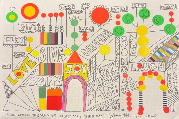 A colourful illustration with words like 'love', 'sing' and 'party'.