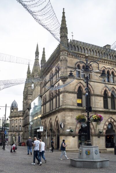 The Wool Exchange in central Bradford. This Grade 1 listed building was built as a wool-trading centre in the late 19th century, and the grandeur of its architecture is symbolic of the wealth and importance that wool brought to Bradford. Today the main body of the building is a Waterstones bookshop and cafe. Photo by Tim Smith.