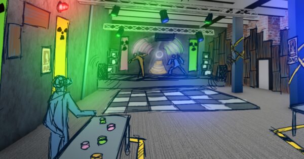 Sketch of the basement at loading bay, party lights, a dance floor and speakers