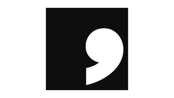 A black and white logo - a white comma on a black background