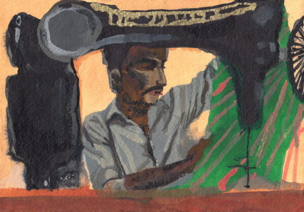 Illustration of a man at a sewing machine.