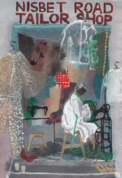 Illustration of a man in a tailors shop. Greys, blues, greens and white are included in the image.