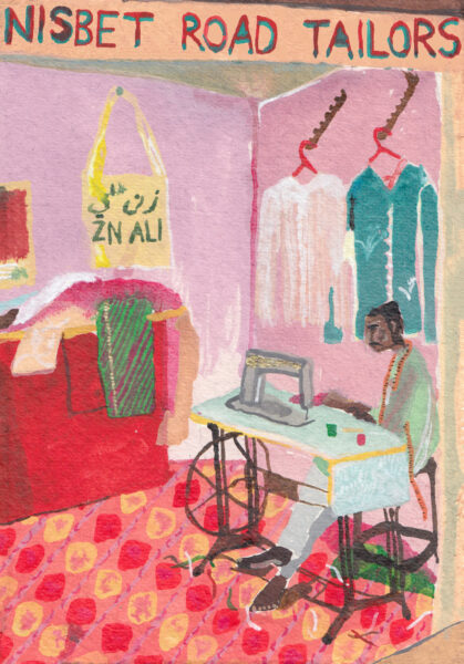 Illustration of a person in a South Asian inspired tailor shop, who is sat behind a sewing machine. There are jackets hung on the wall behind and a bag with 'ZN ALI' penned in.