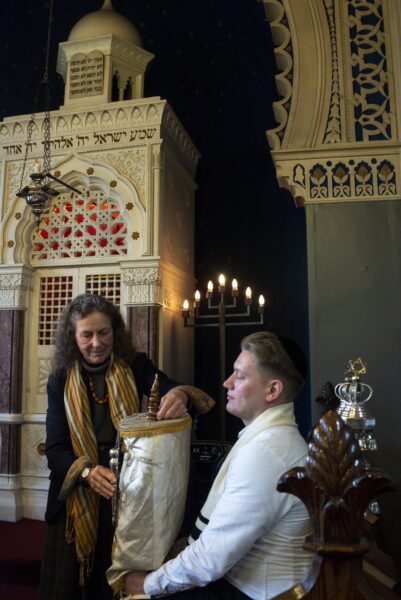 Rabbi Douglas Charing leading a service to celebrate the Jewish festival of Sukkot, also known as the Feast of Tabernacles, at the Bradford Reform Synagogue on Bowland Street in Manningham. Photos: Tim Smith.