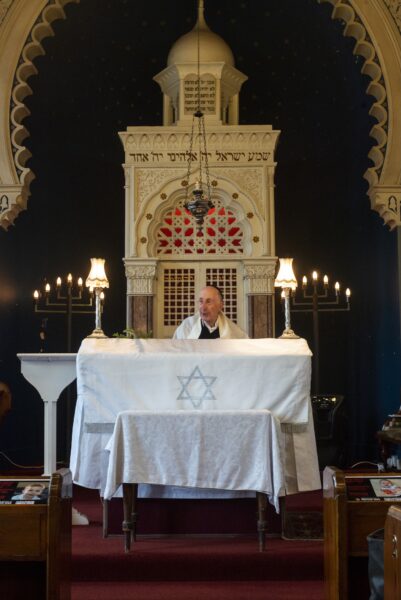 Rabbi Douglas Charing leading a service to celebrate the Jewish festival of Sukkot, also known as the Feast of Tabernacles, at the Bradford Reform Synagogue on Bowland Street in Manningham. Photos: Tim Smith.
