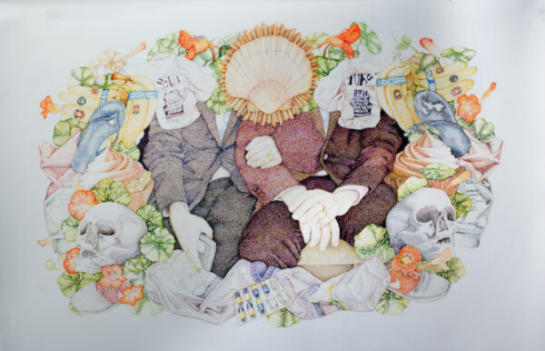 A colourful fine line drawing by artist Fazia Butt, showing everyday objects like bananas, shoes, as well as a group of faceless figures, flowers, and two skulls.