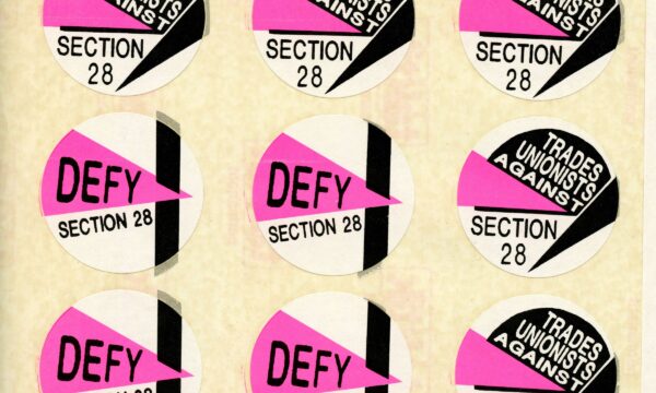 Rows of stickers with graphic designs - pink, black and white. Text reads: 'Defy Section 28' and 'Trade Unionists Against Section 28'.