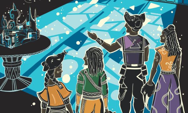 An illustrated image - looking at the back of four peoples heads, two adults and two children. To the left of the image, there is a table with a model building upon it. There's lots of blues and blacks, with pops of orange, green and purple.