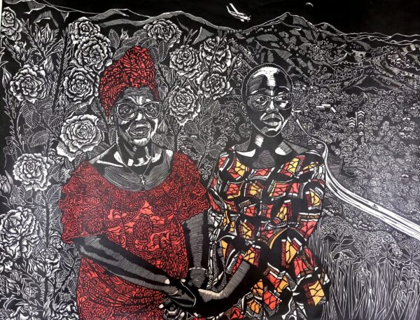 An artwork drawing of two women holding hands, their clothing is colourful reds and yellows, with the rest of the image in black and white.