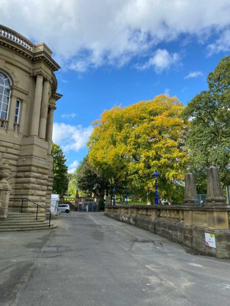A path around Cartwright Hall, with a large autumnal tree in front of us. There are some steps to the left and a wall on the right.