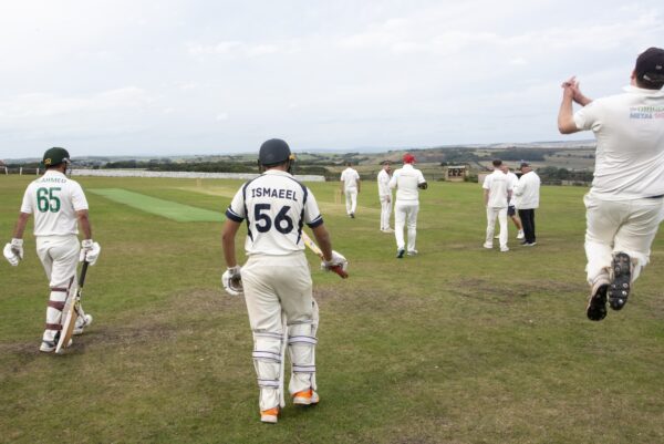 Denholme vs Haworth 1st teams playing each other at Denholme Cricket Club in the Second Division of the Craven & District Cricket League, a league in which many of the Bradford District teams play. Photos by Tim Smith.
