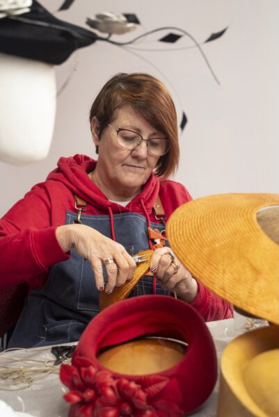 Making hats at the JBH Millenery School in Addingham. The classses are run by Justine Bradley-Hill who has 30 experience in the industry. She makes hats in a millenery studio in her garden, and sells her one-off designs to customers world wide.
