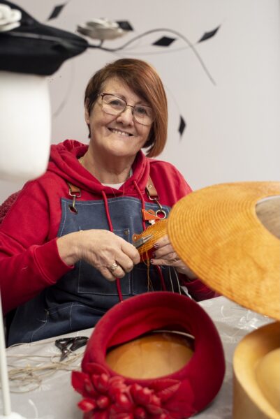 Making hats at the JBH Millenery School in Addingham. The classses are run by Justine Bradley-Hill who has 30 experience in the industry. She makes hats in a millenery studio in her garden, and sells her one-off designs to customers world wide.