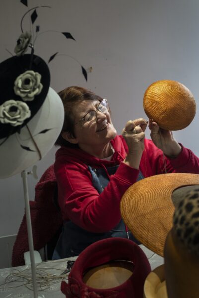 Making hats at the JBH Millenery School in Addingham. The classses are run by Justine Bradley-Hill who has 30 experience in the industry. She makes hats in a millenery studio in her garden, and sells her one-off designs to customers world wide.