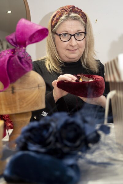 Making hats at the JBH Millenery School in Addingham. The classses are run by Justine Bradley-Hill who has 30 experience in the industry. She makes hats in a millenery studio in her garden, and sells her one-off designs to customers world wide.