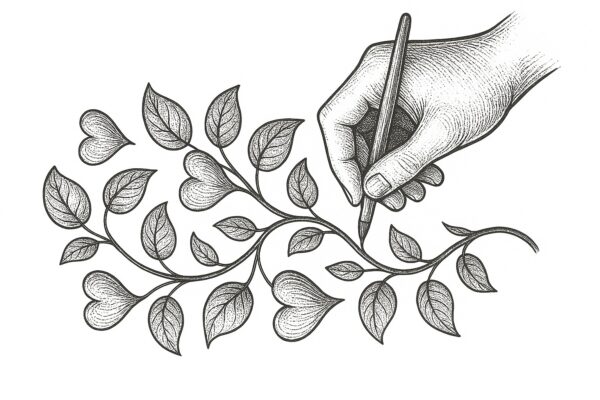 a drawing of a hand drawing leaves on a vine, some leaves are heart shaped