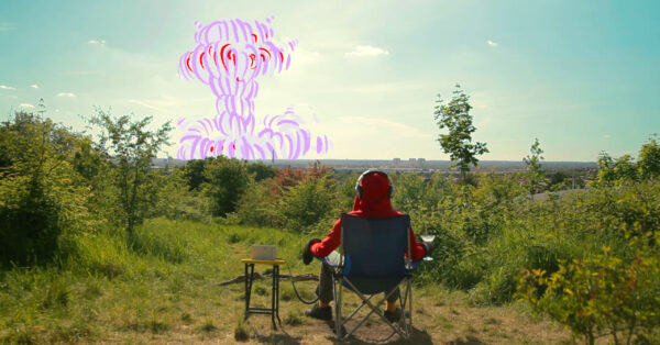 A man in a red hoodie starting at an illustration in the sky