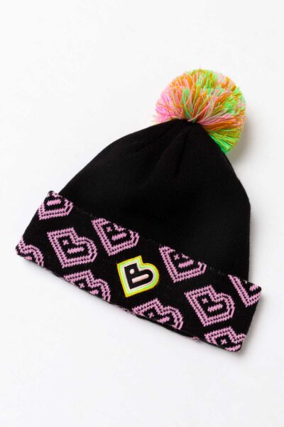 A black Bradford 2025 branded hat with pink, green and gold pom pom.
