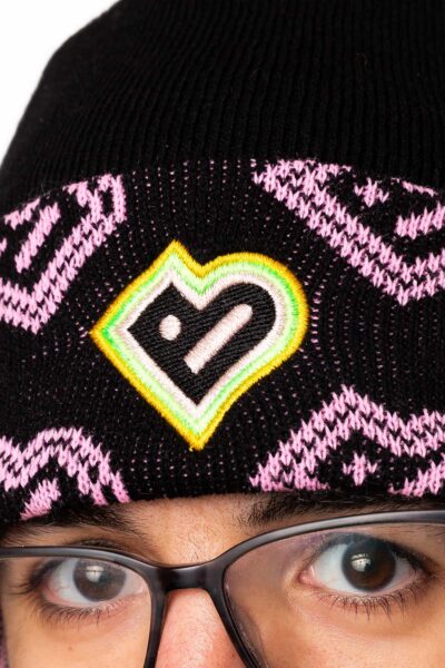 A close up of the Bradford 2025 logo on a beanie hat.