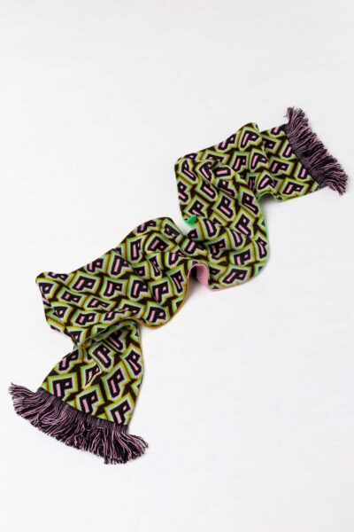 A Bradford 2025 scarf with gold, pink and green colours and the Bradford 2025 heart logo.